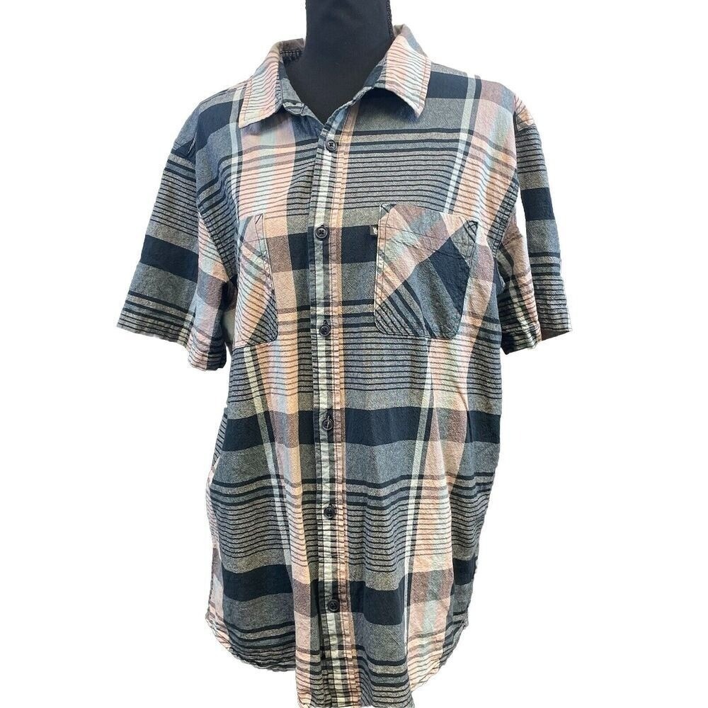 Junk Food Men Shirt Cotton‎ Plaid XL Short Sleeve Button Up Skater Grunge Navy
